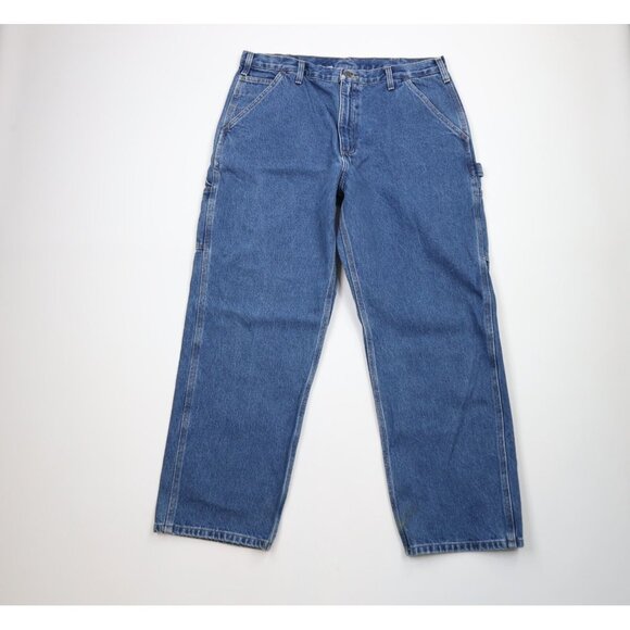 Vintage Carhartt Mens Size 38x30 Faded Spell Out Wide Leg Dungaree Denim Jeans